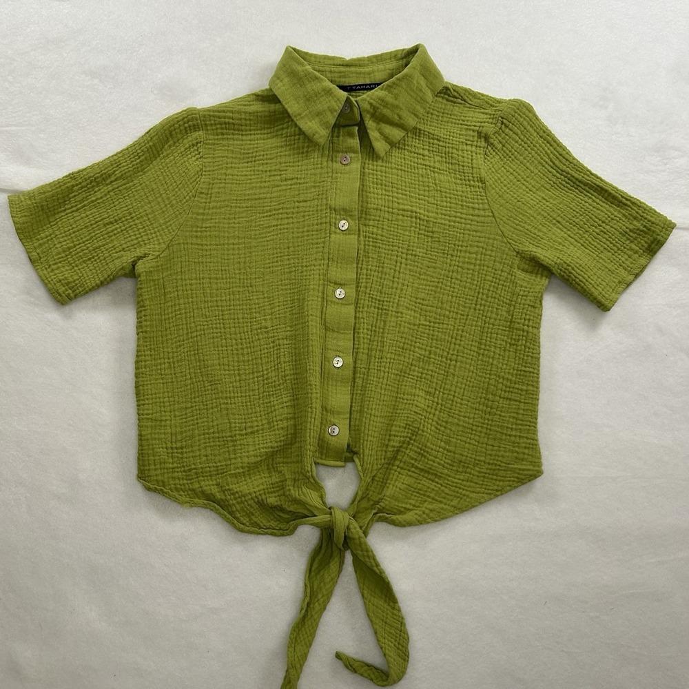 T Tahari Lime Green Cropped Blouse Tie Front 100% Cotton Waffle Flirty Y2K Sz S